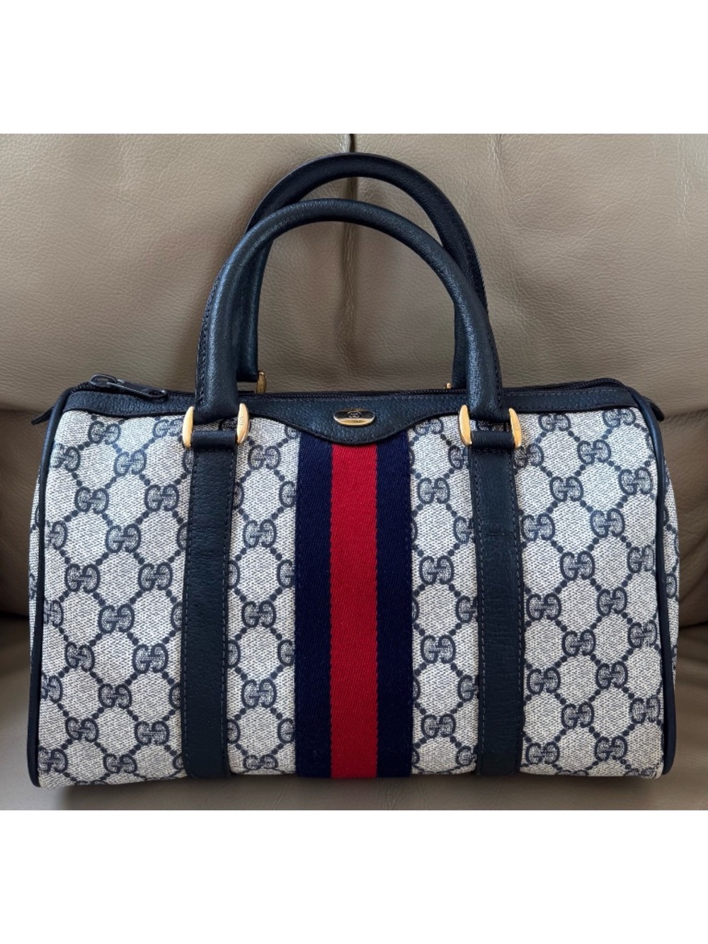 Authentic Vintage Gucci Boston Web Ophidia Monogram Canvas Black Leather Bag